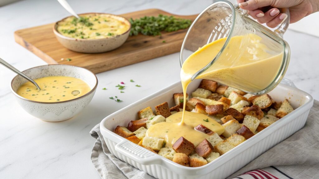 Egg custard mixture being poured from measuring cup over breakfast casserole bread sausage cheese layers soaking hand pouring
