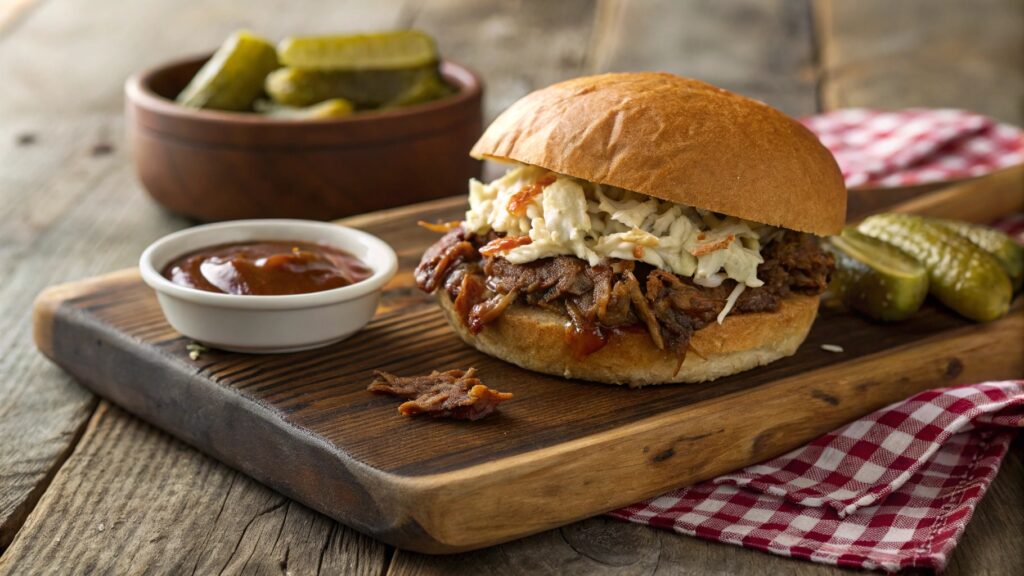 Pulled pork sandwich with coleslaw BBQ sauce on potato bun cut in half showing layers bowl of extra pork pickles BBQ board