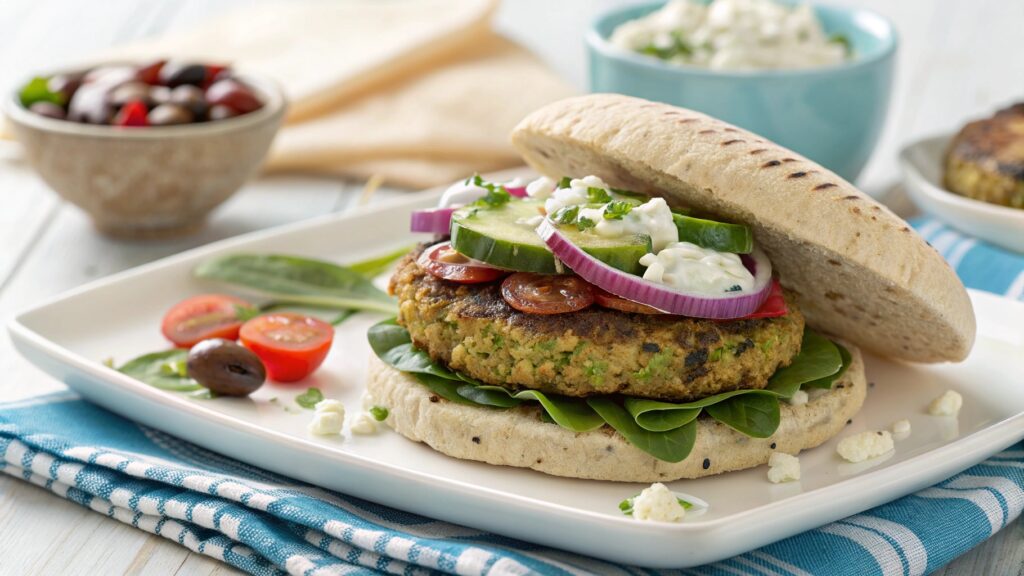 Quinoa spinach Greek veggie burger on pita with tzatziki feta cucumber tomato olives mixed greens Mediterranean Greek salad side