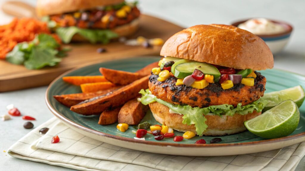 Sweet potato black bean veggie burger on brioche bun orange color chipotle mayo avocado corn salsa cotija cheese lettuce colorful