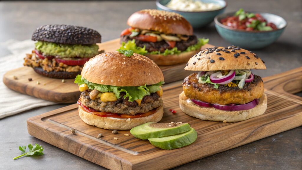 Four different veggie burgers on wooden board black bean mushroom chickpea sweet potato with various toppings colorful variety