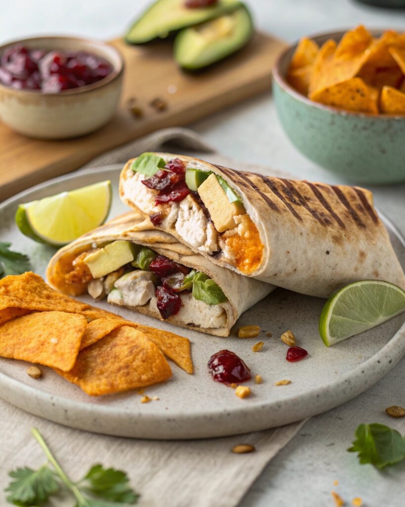 A trendy U.S. lunch for November: Crispy Roasted Squash and Turkey Crunch Wrap with Cranberry‑Chili Sauce, balancing cozy fall flavors with a portable, high‑protein format.

