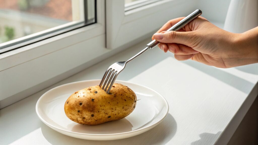 Hand holding fork piercing russet potato showing multiple holes on white counter microwave baking tutorial demonstration