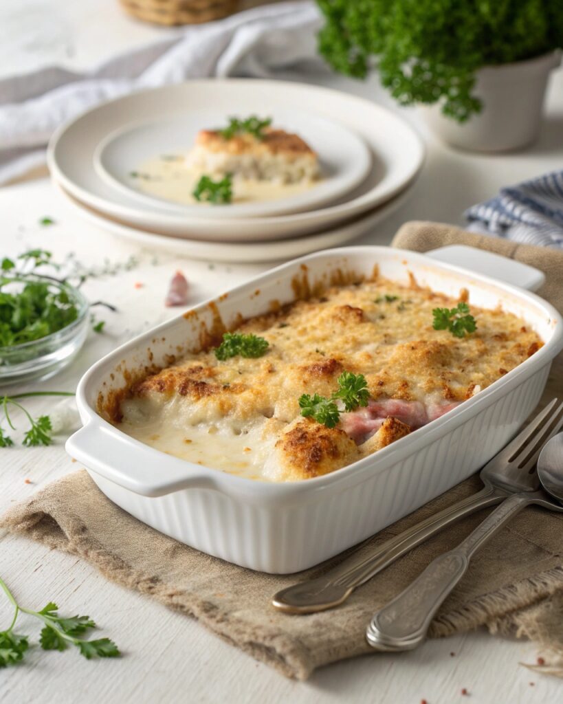 Chicken cordon bleu casserole with golden panko crust, creamy béchamel sauce, and fresh parsley garnish