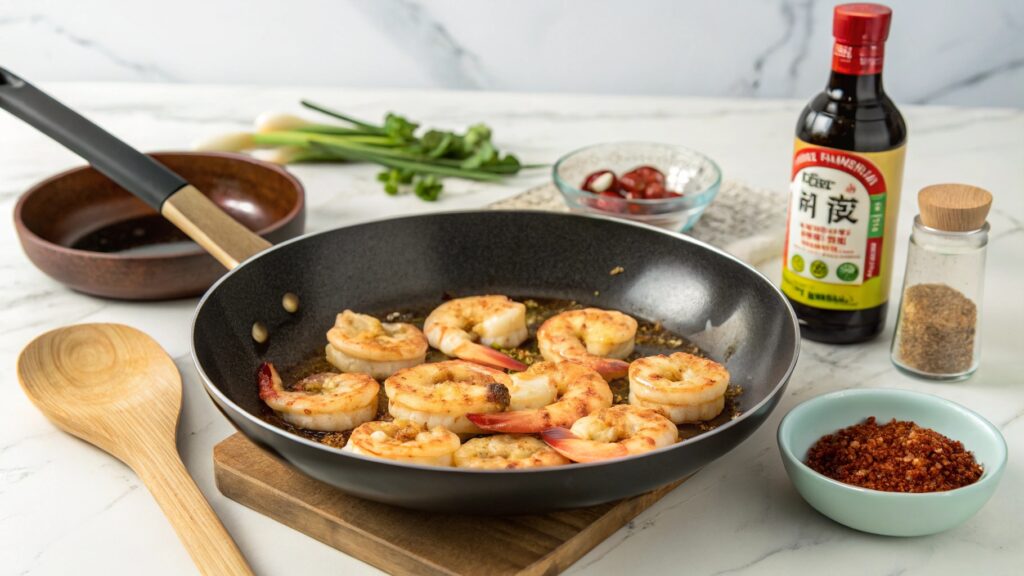 Shrimp searing in skillet with garlic butter sesame oil gochugaru bowl Korean ingredients counter dinner cooking process stovetop