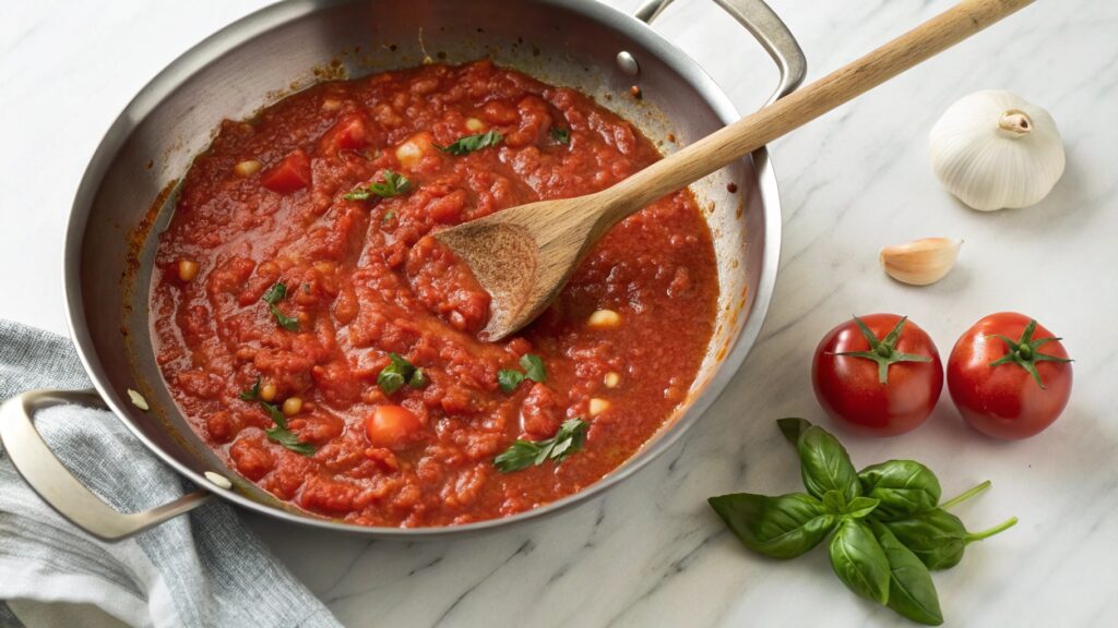 Marinara sauce simmering in skillet with tomatoes garlic bay leaves basil wooden spoon can of tomatoes marble counter stovetop
