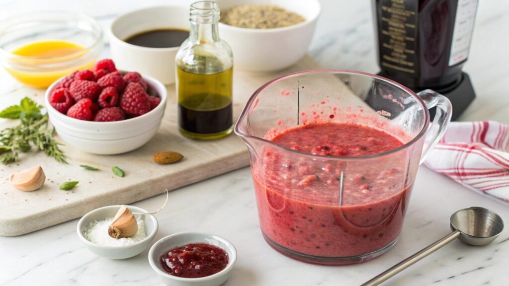 Raspberry vinaigrette in blender bright pink color fresh raspberries olive oil balsamic vinegar honey ingredients marble counter