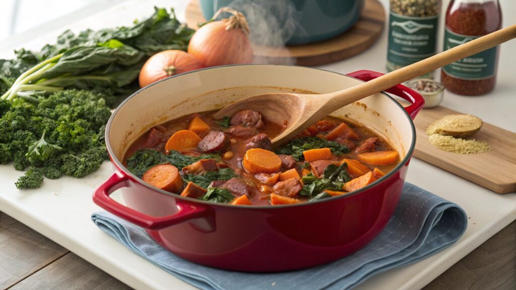 Southern stew meal with cornbread basket butter honey hot sauce sweet tea mason jar family dinner table red checkered cloth