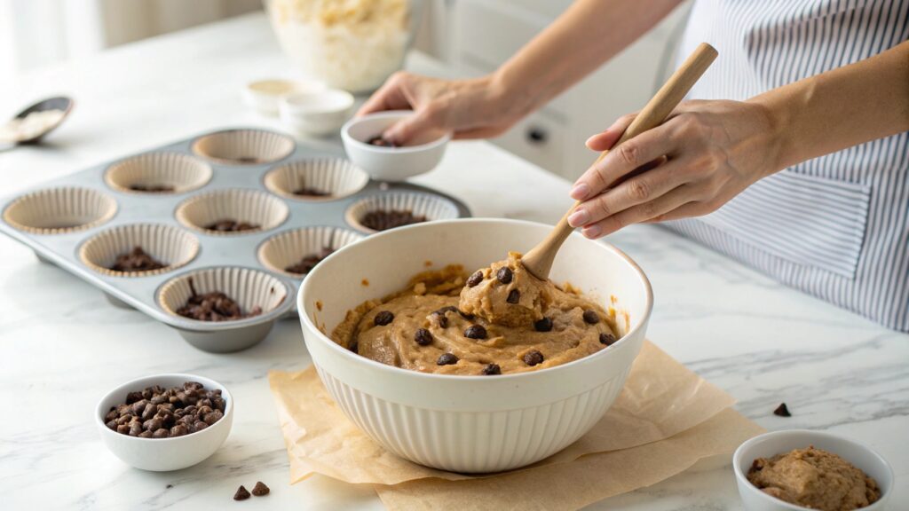 Hands mixing chocolate chip muffin batter with wooden spoon in white bowl showing proper lumpy texture for fluffy muffins