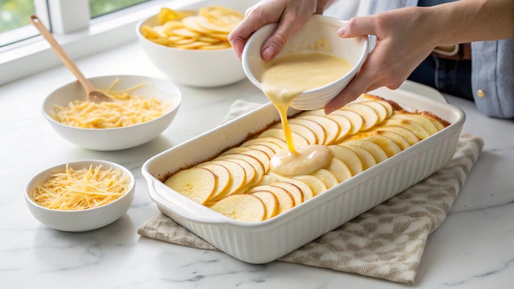 Hands layering thin potato slices in white baking dish with creamy cheese sauce being poured showing au gratin technique