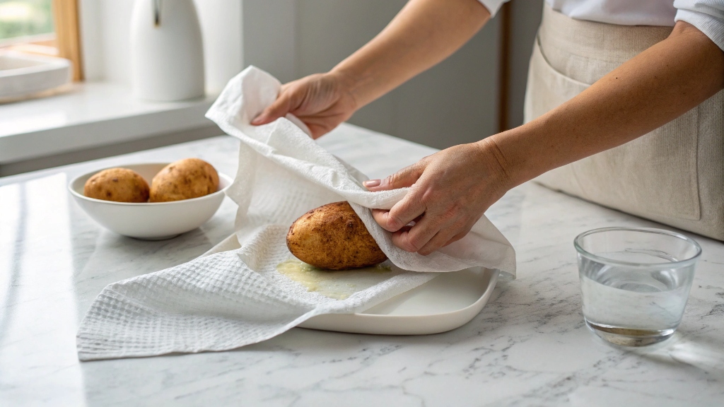 Hands wrapping pierced potato in damp white paper towels on marble counter showing microwave baking technique step-by-step