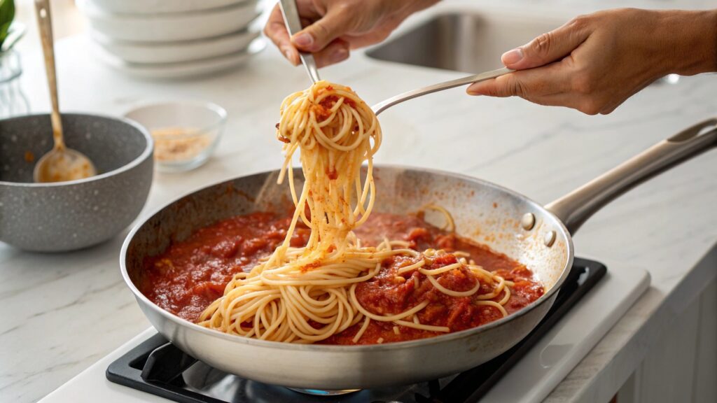 Hands using tongs tossing spaghetti in marinara sauce skillet pasta water being added coating technique cooking demonstration