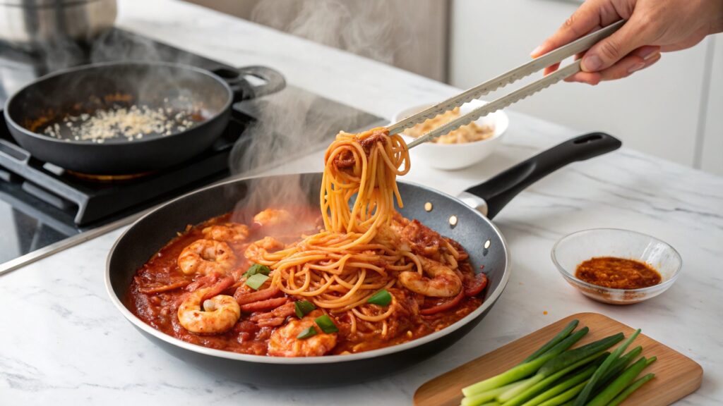 Hands tossing spaghetti in Korean sauce skillet with shrimp pasta water being added dinner cooking technique demonstration tongs