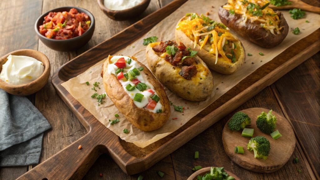 Loaded baked potatoes with various toppings including bacon cheddar, BBQ chicken, chili cheese, and Greek-style healthy options