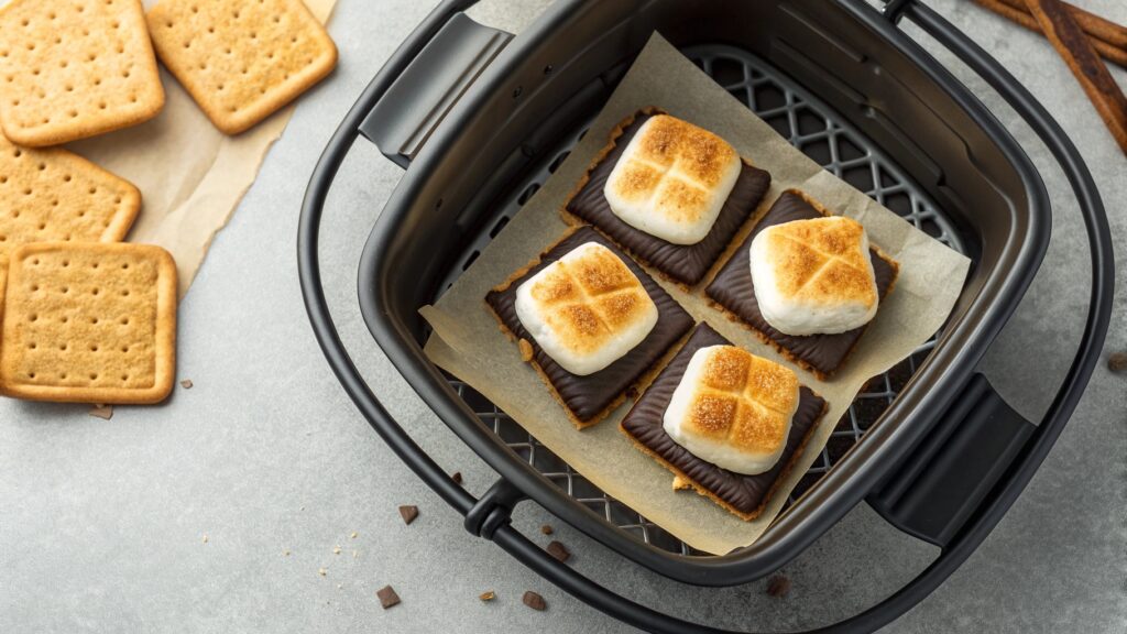 Four s'mores in air fryer basket marshmallows toasting golden brown on chocolate and graham crackers overhead view cooking process