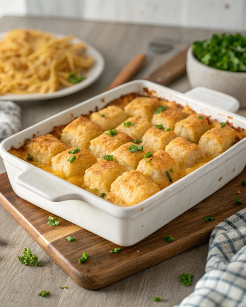 ater tot casserole with golden crispy tots, melted cheddar, and creamy filling, fresh from the oven