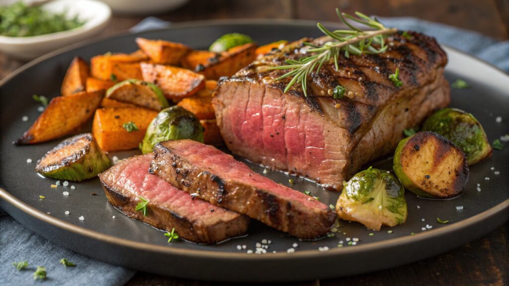 GRILLED STEAK WITH ROASTED SWEET POTATO & BRUSSELS SPROUTS RECIPE FAMILY DINER CHRISTMAS DINNER IDEAS, THINKSGIVING IDEAS RECIPE