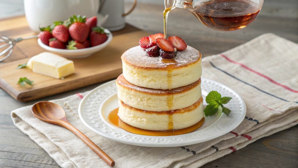 Stack of three Japanese souffle pancakes tall fluffy jiggly with butter melting maple syrup drizzle powdered sugar strawberries