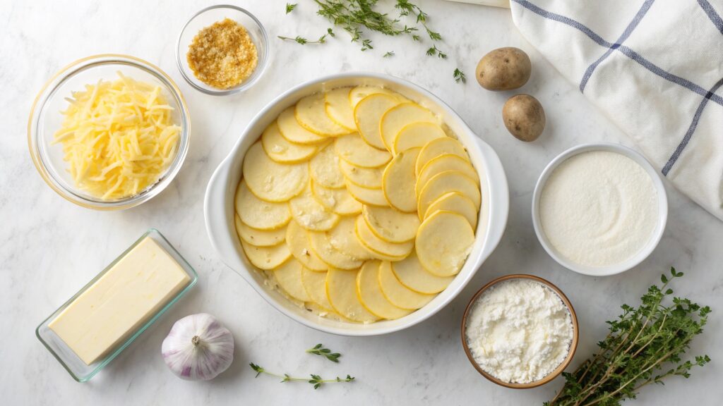 Overhead view au gratin potato ingredients Yukon Gold potatoes cream three cheeses butter garlic herbs on white marble counter`