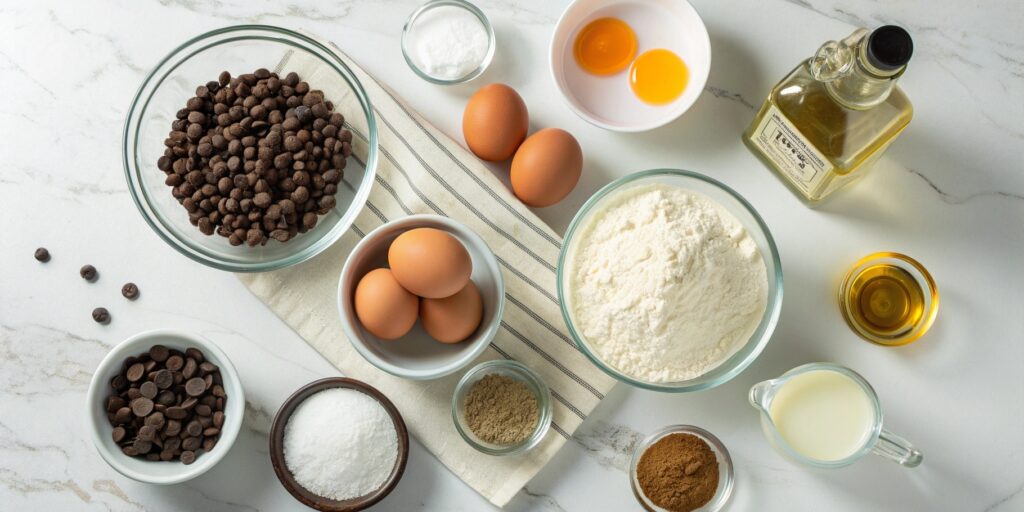 Overhead view of chocolate chip muffin ingredients flour sugar eggs oil sour cream chocolate chips on white marble counter