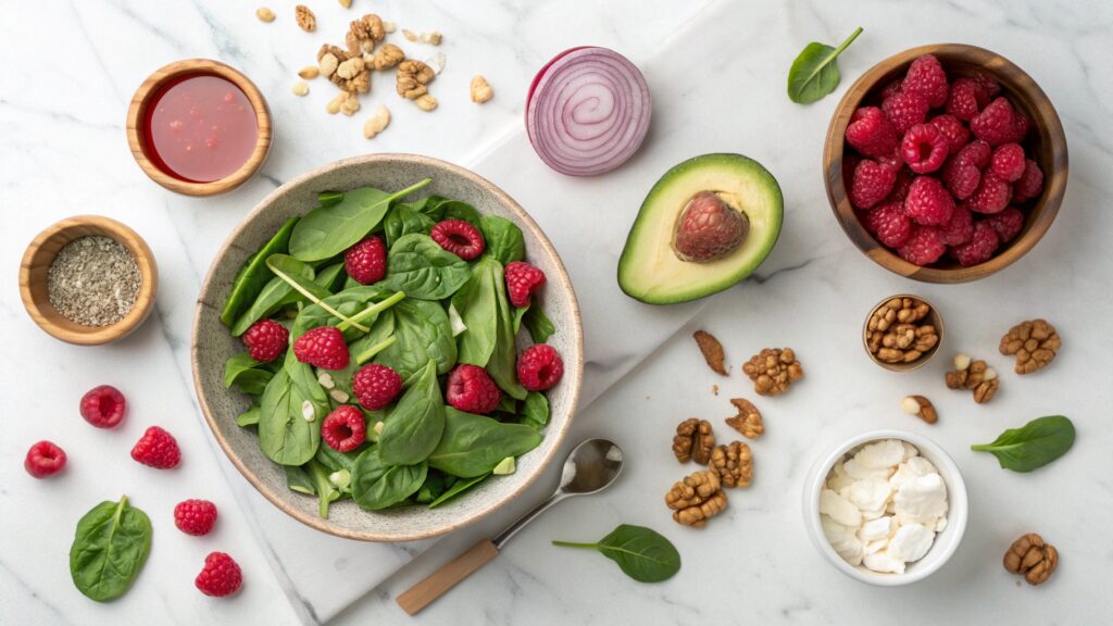 Overhead ingredients for raspberry spinach salad baby spinach fresh berries avocado walnuts feta cheese vinaigrette marble counter