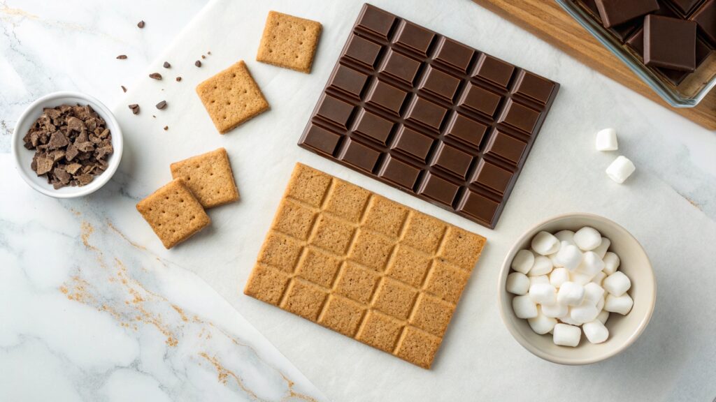 Overhead view s'mores ingredients graham crackers Hershey's chocolate marshmallows bowl air fryer marble counter assembly station