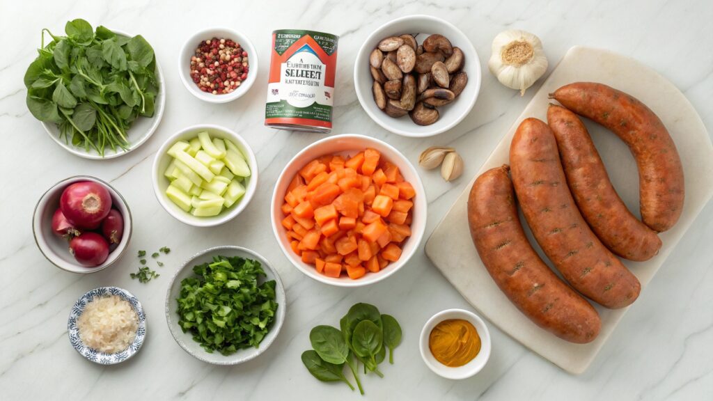 Overhead ingredients for Southern stew sweet potatoes sausage collard greens onion celery bell pepper Creole seasoning marble counter