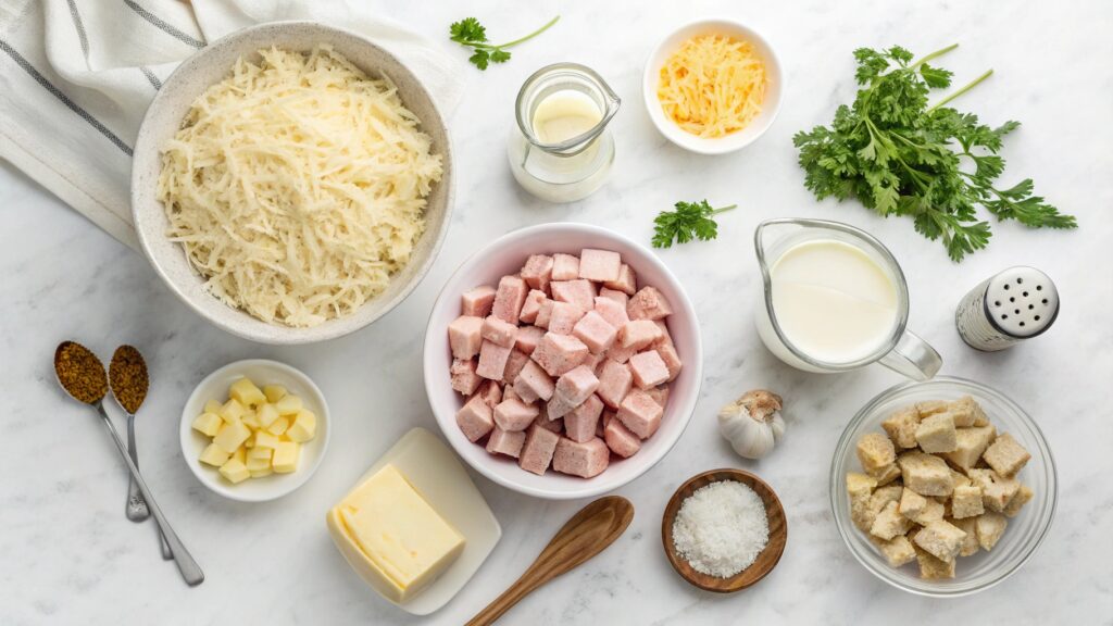 Chicken cordon bleu casserole ingredients including chicken, ham, Gruyère cheese, cream, and panko breadcrumbs on marble surface