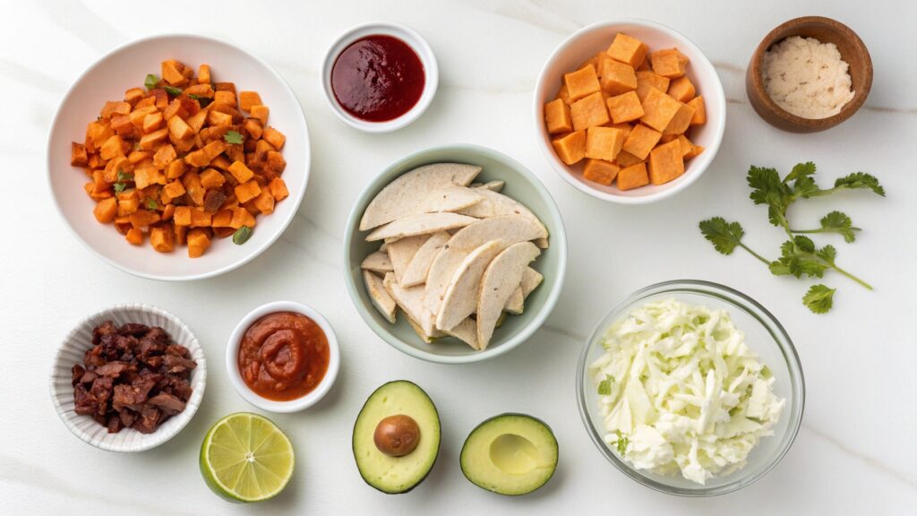 Ingredients for A trendy U.S. lunch for November: Crispy Roasted Squash and Turkey Crunch Wrap with Cranberry‑Chili Sauce, balancing cozy fall flavors with a portable, high‑protein format.