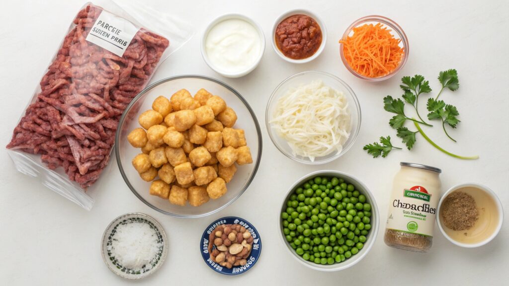 Tater tot casserole ingredients including frozen tater tots, ground beef, cheddar cheese, condensed soup, and vegetables