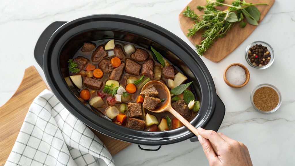 Overhead view slow cooker filled with raw beef stew ingredients browned beef chunks vegetables broth herbs ready to cook LOW