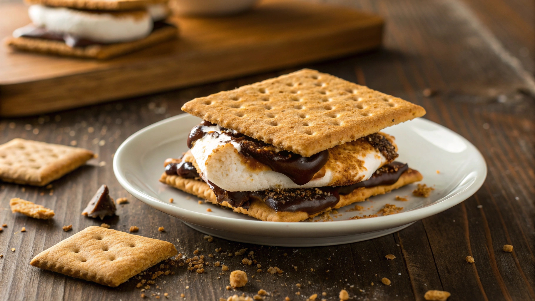Air fryer s'more cut in half on white plate showing golden toasted marshmallow melted chocolate gooey center graham crackers