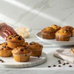 bakery style chocolate chip muffins, tall fluffy muffins, easy chocolate chip muffins, quick breakfast muffins, family breakfast recipes, make ahead muffins, jumbo bakery muffins, chocolate chip muffin recipe