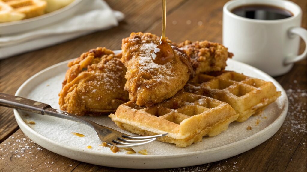 
Chicken and waffles crispy fried chicken on Belgian waffle with butter maple syrup drizzle powdered sugar white plate brunch