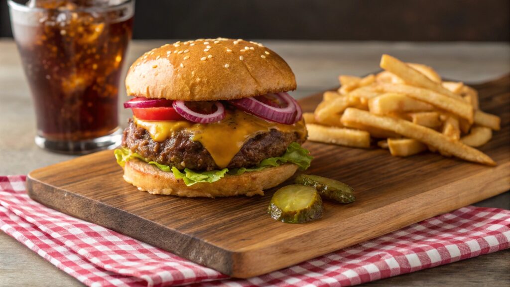Classic American cheeseburger with melted cheese lettuce tomato pickles on toasted bun served with French fries diner style