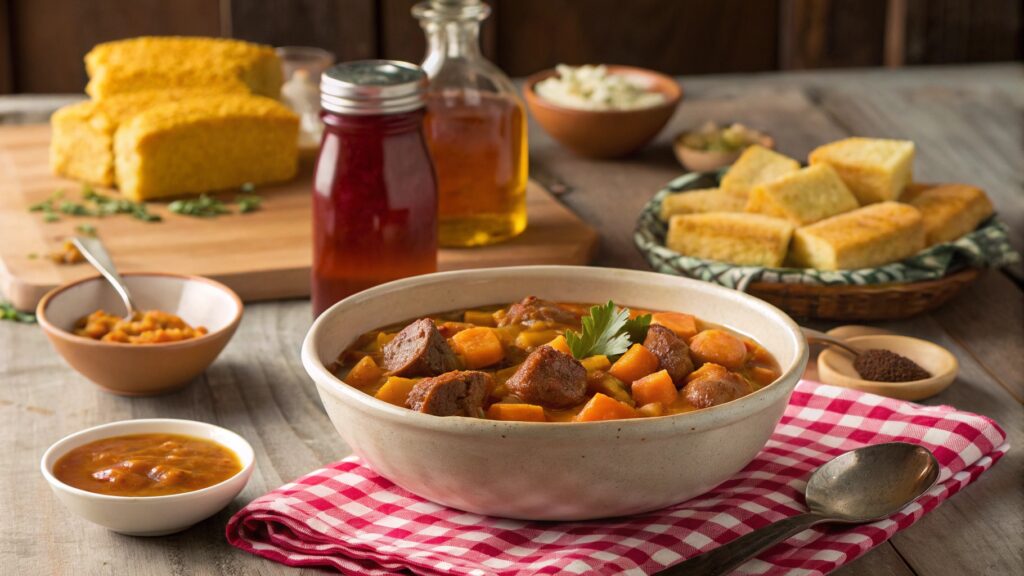 
Southern sweet potato and sausage stew with collard greens in rich broth. Hearty comfort food served with cornbread - authentic soul food perfection!