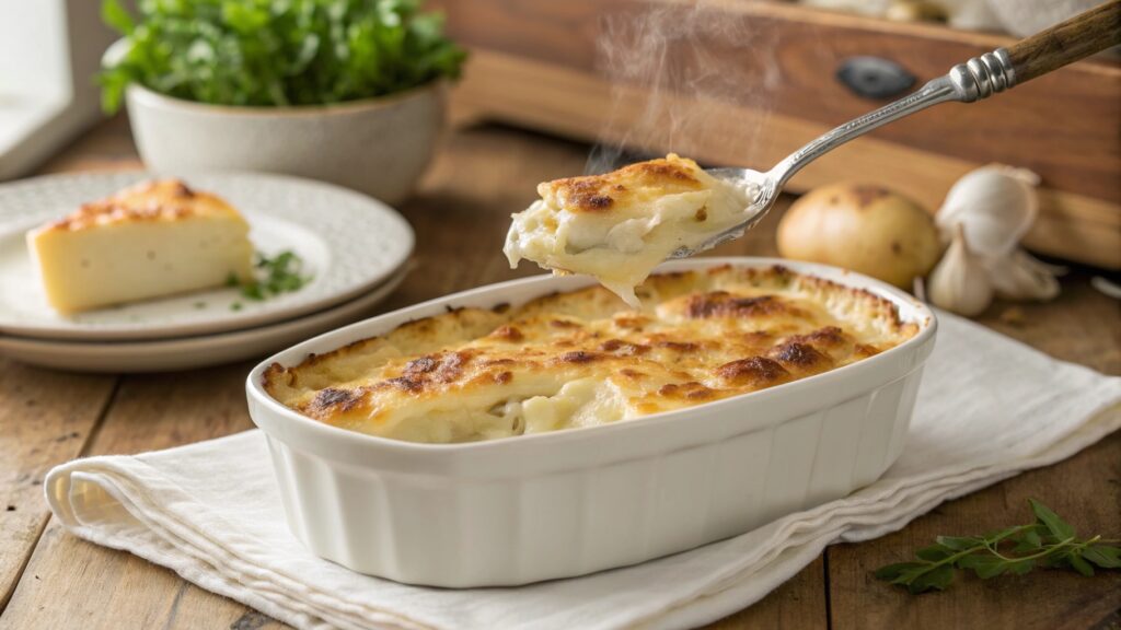 Serving spoon lifting creamy au gratin potatoes showing cheese pull and layers from white baking dish golden brown crispy top