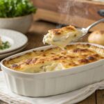 Serving spoon lifting creamy au gratin potatoes showing cheese pull and layers from white baking dish golden brown crispy top