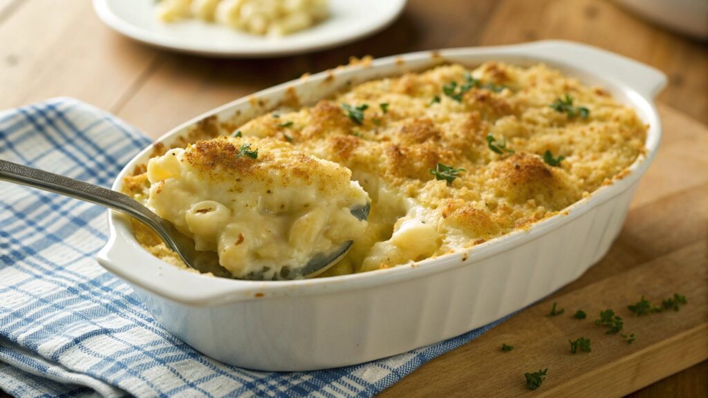 Baked mac and cheese in casserole dish golden breadcrumb topping creamy cheese sauce elbow macaroni serving spoon portion plate