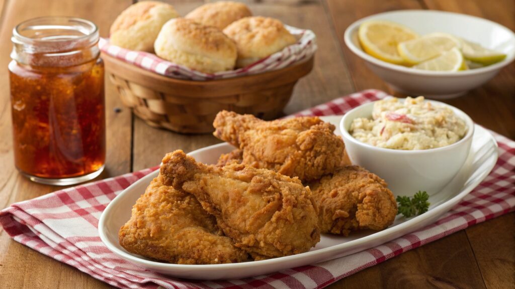 Southern fried chicken pieces golden crispy coating on white platter with biscuits coleslaw sweet tea rustic table traditional