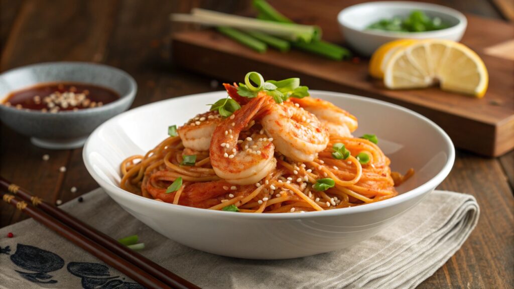 Korean shrimp scampi spaghetti in white bowl with plump shrimp gochugaru sesame seeds green onions chopsticks dinner table setting