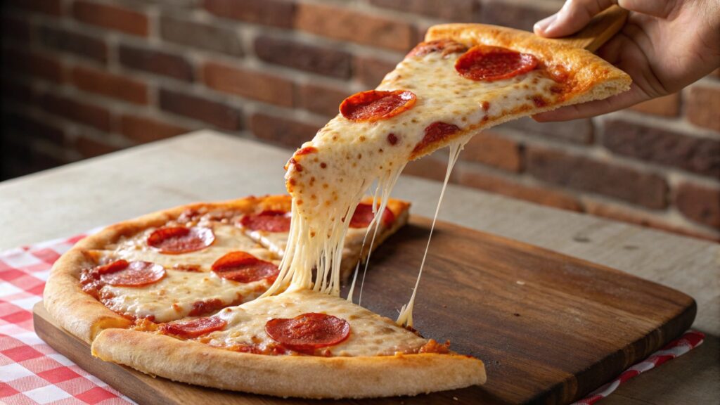 New York style pizza slice lifted showing cheese stretch thin crust pepperoni whole pizza wooden board urban pizzeria style.