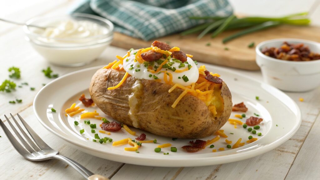 Split open microwave baked potato on white plate loaded with butter sour cream cheddar cheese bacon chives steam rising fluffy