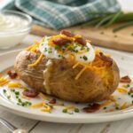 Split open microwave baked potato on white plate loaded with butter sour cream cheddar cheese bacon chives steam rising fluffy