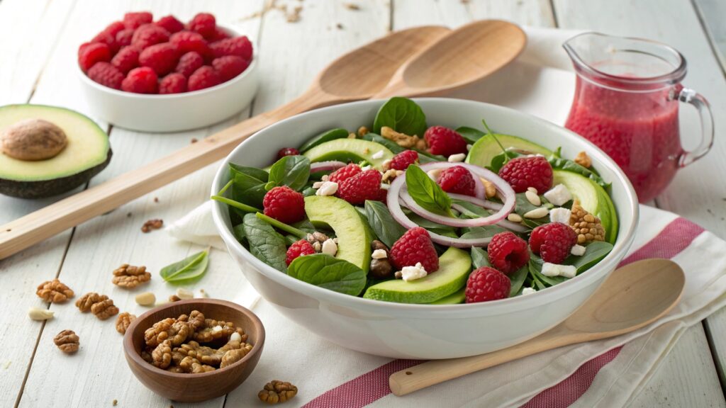 All ingredients for raspberry-spinach salad: baby spinach, fresh raspberries, avocado, toasted walnuts, feta, and homemade berry vinaigrette!