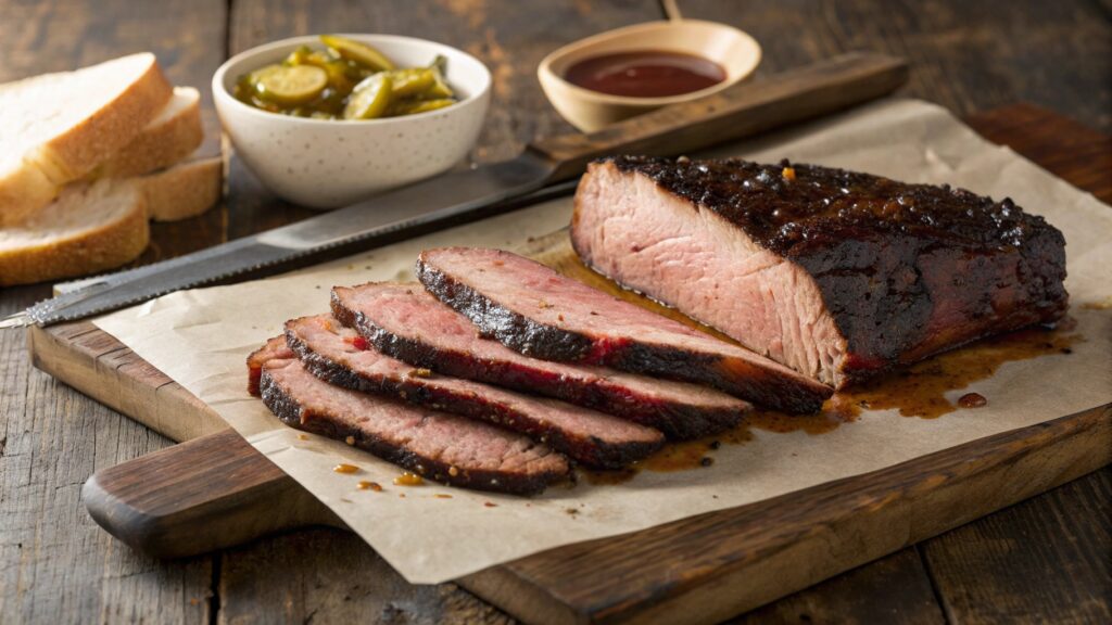 exas BBQ brisket sliced on butcher paper showing smoke ring bark tender meat with pickles bread jalapeños rustic smokehouse