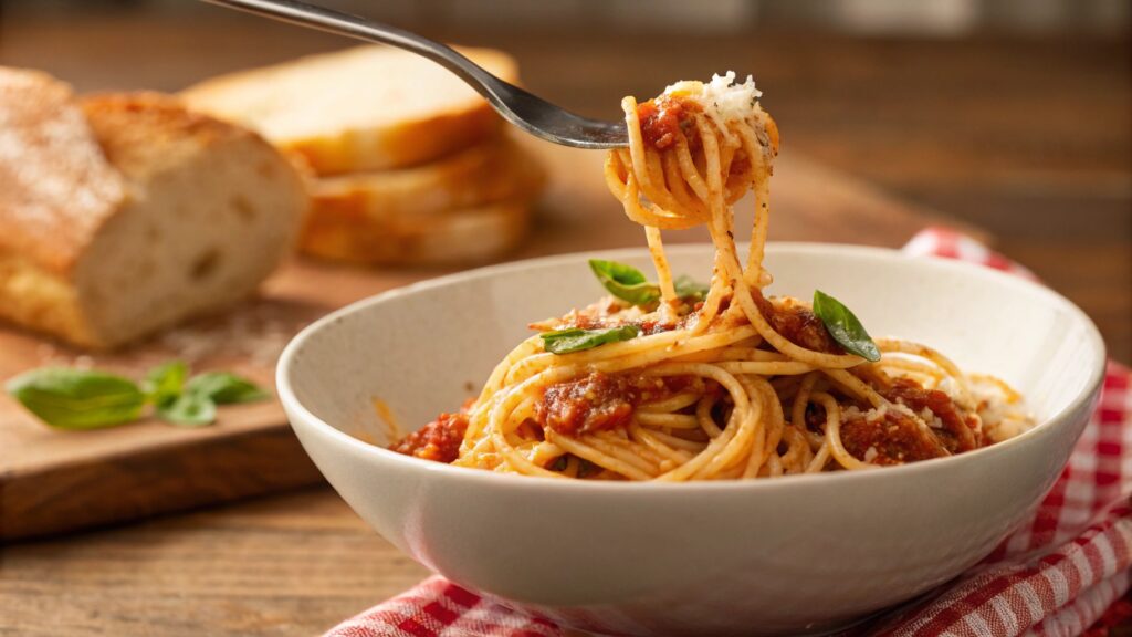 Spaghetti twirled on fork above white bowl coated in marinara sauce with Parmesan cheese fresh basil Italian bread rustic table