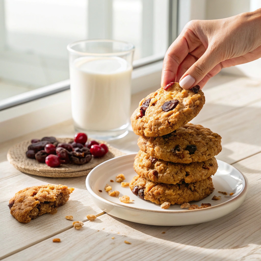 Stack of three jumbo breakfast cookies with oats nuts cranberries chocolate chips hand reaching glass milk berries wood table
