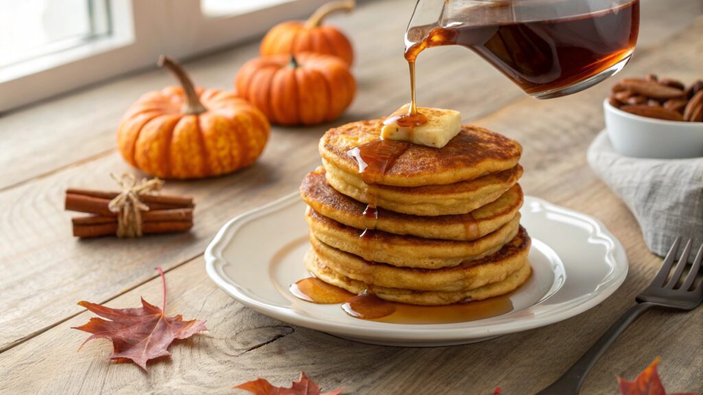 Stack of fluffy pumpkin pancakes on white plate with melting butter maple syrup drizzle steam rising fall breakfast table setup