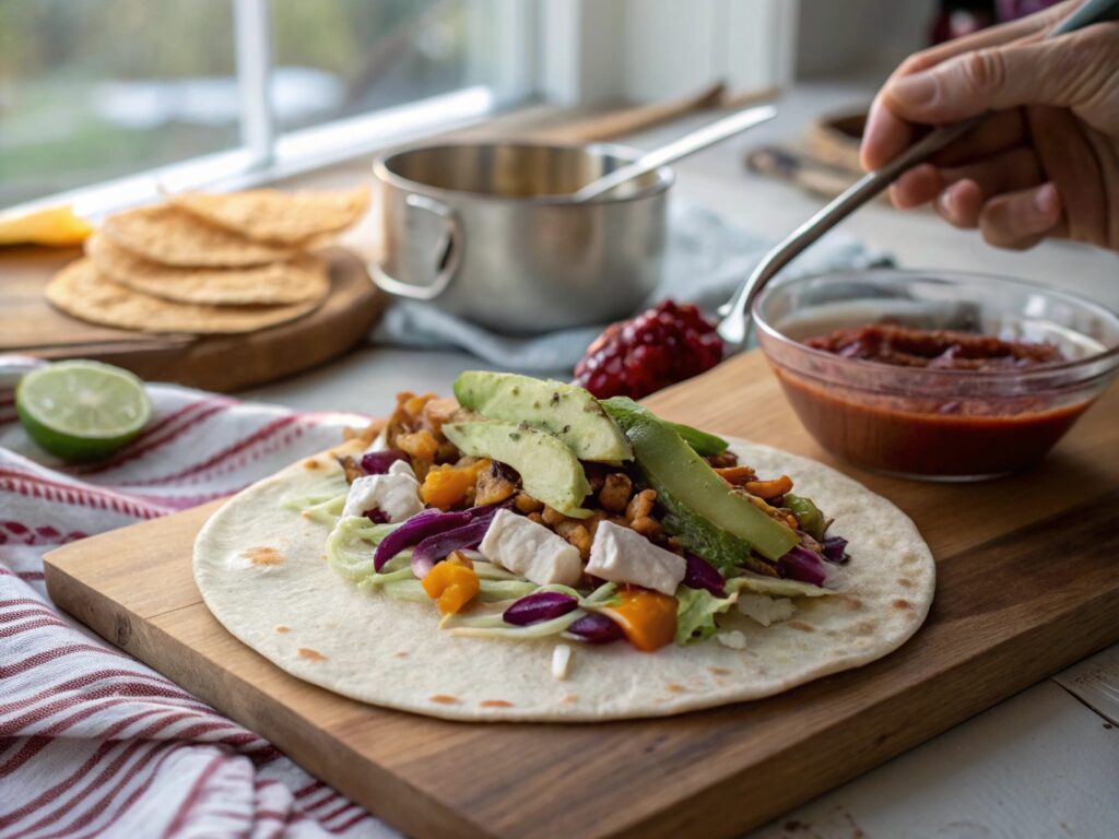 Preparing A trendy U.S. lunch for November: Crispy Roasted Squash and Turkey Crunch Wrap with Cranberry‑Chili Sauce, balancing cozy fall flavors with a portable, high‑protein format.